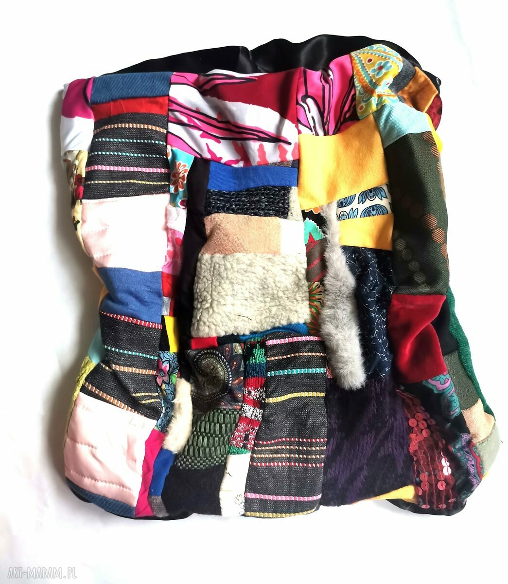 Komin oversize patchworkowy etno boho na podszewce - kolorowy z frędzlami (Ruda Klara)