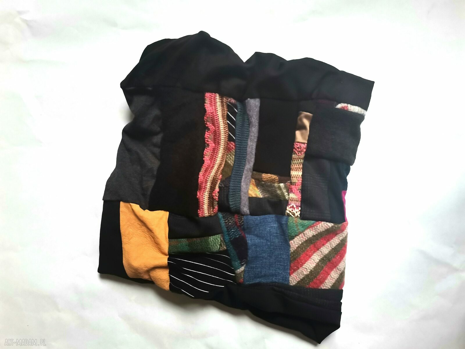 Komin oversize patchworkowy Etno Boho na podszewce - kolorowy komin z frędzlami