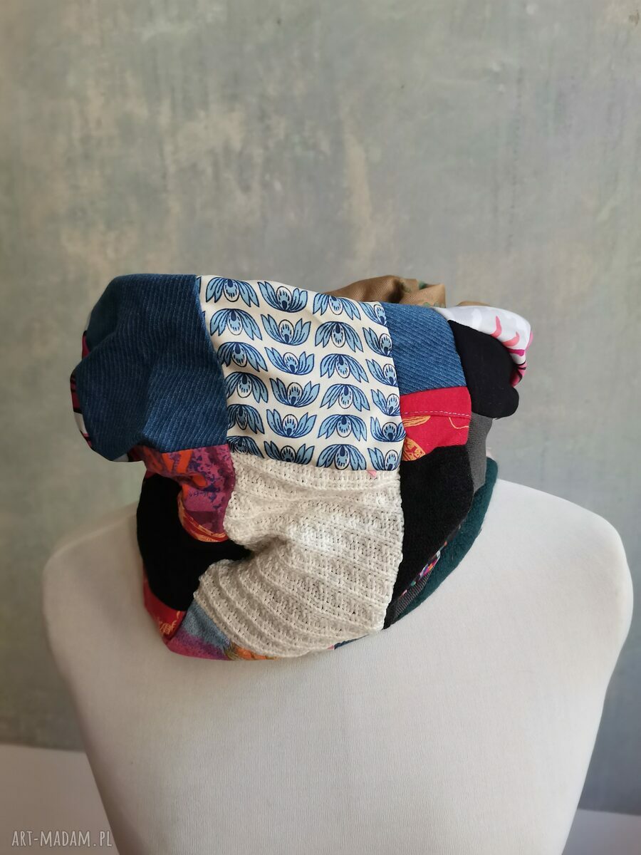 Komin oversize patchworkowy etno boho z podszewką - kolorowy damski
