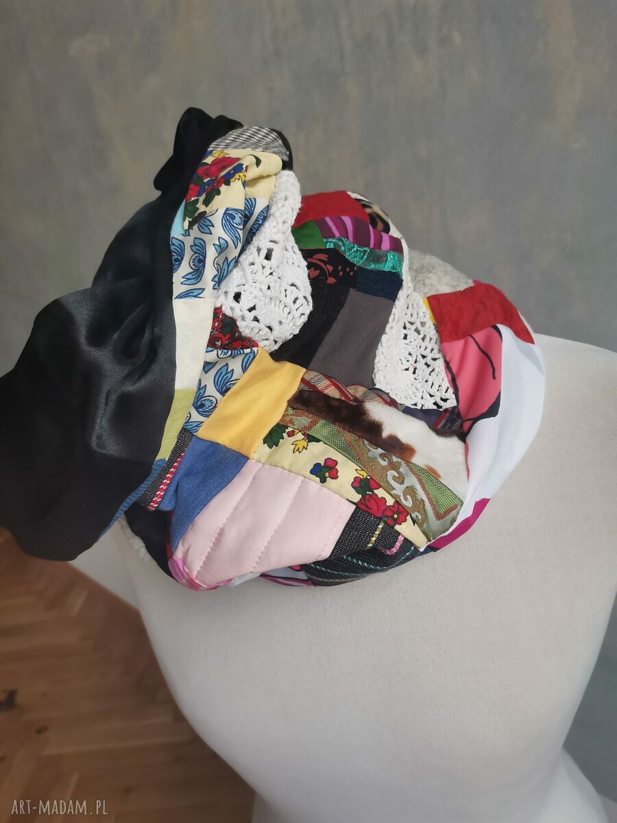 Komin oversize patchworkowy etno boho na podszewce - kolorowy z frędzlami (Ruda Klara)