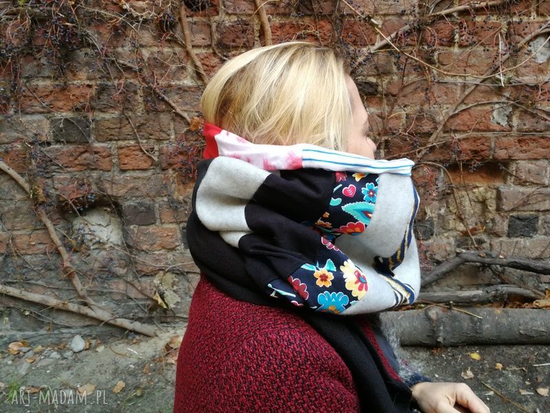 Zimowy komin patchworkowy Frida Kahlo - ciepły boho handmade