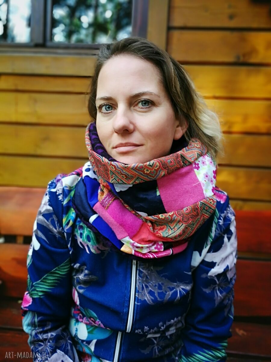 Kolorowy komin patchworkowy boho folk na podszewce - miękki i wygodny dla kobiet