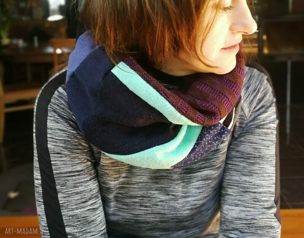 Miękki komin patchworkowy na podszewce - damski boho folk na rower