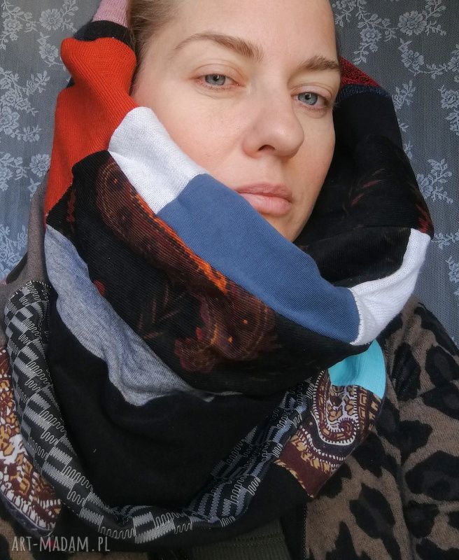 Kolorowy komin patchworkowy zimowy boho, ręcznie szyty i bardzo ciepły