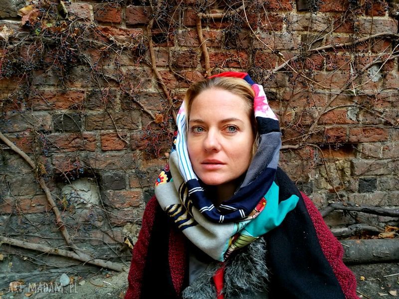 Zimowy komin patchworkowy Frida Kahlo - ciepły boho handmade