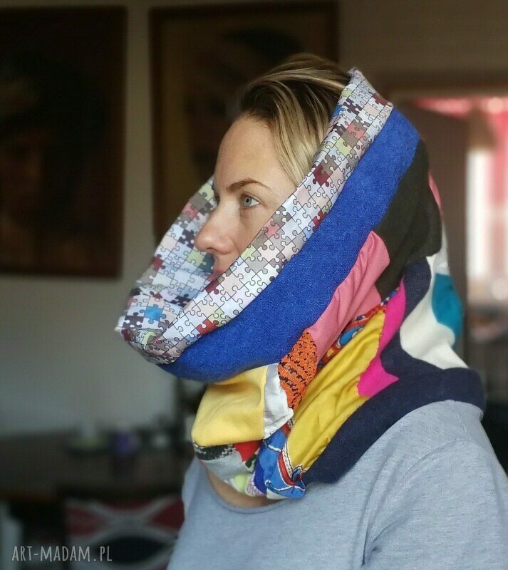 Kolorowy komin patchworkowy damski handmade 41x45 cm - wciągany przez głowę