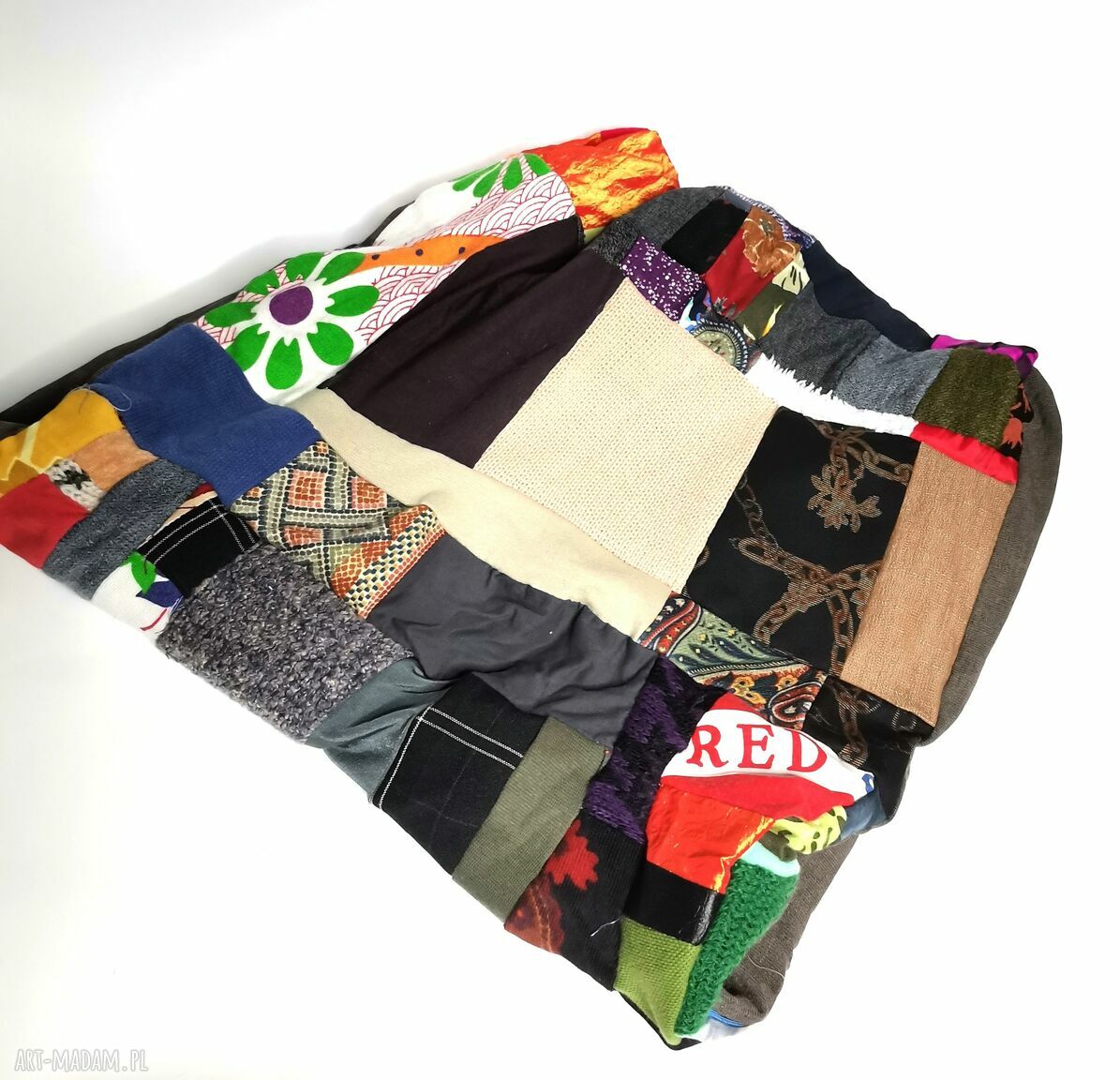 Kolorowy komin patchworkowy z frędzlami - boho, rozmiar uniwersalny, wciągany przez głowę