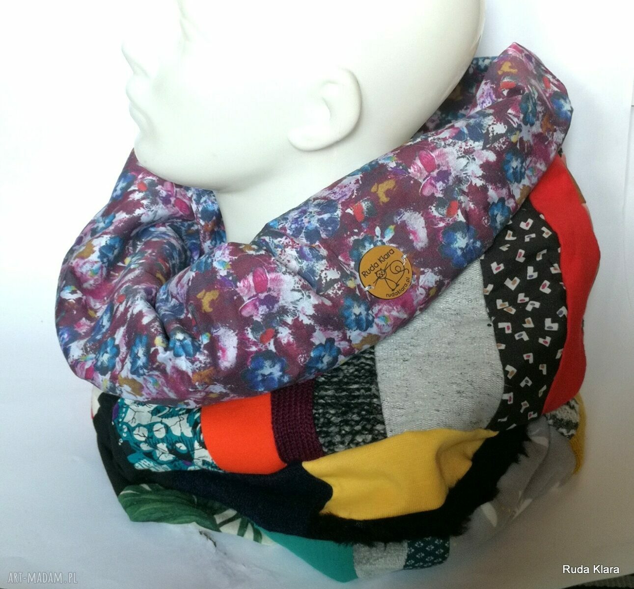 Komin patchworkowy na podszewce - miękki, kolorowy folk boho