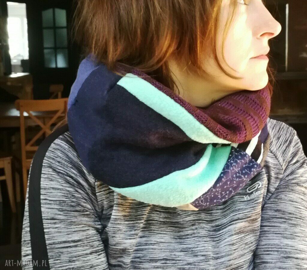 Miękki komin patchworkowy na podszewce - damski boho folk na rower
