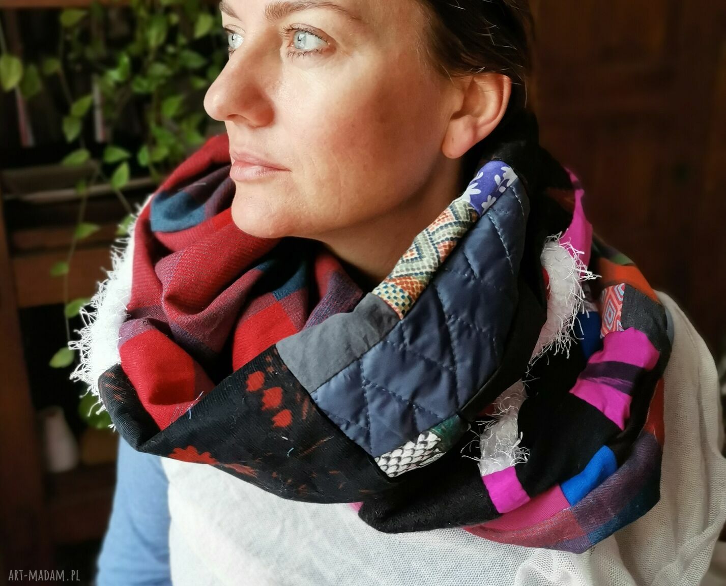 Kolorowy komin patchworkowy Boho damski - handmade z kawałków materiałów (zero waste)