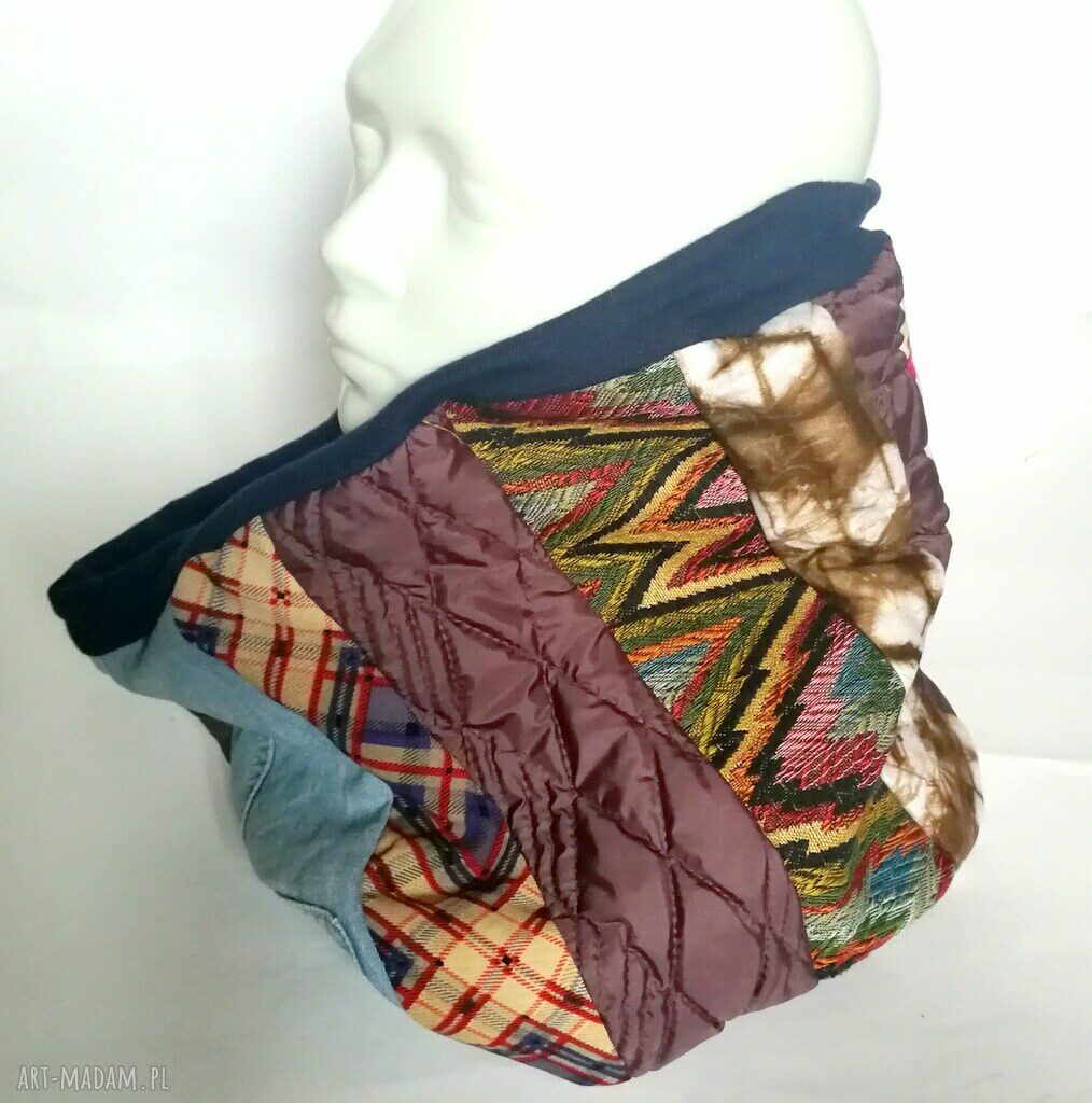 Kolorowy komin patchworkowy etno boho folk - miękki handmade na podszewce
