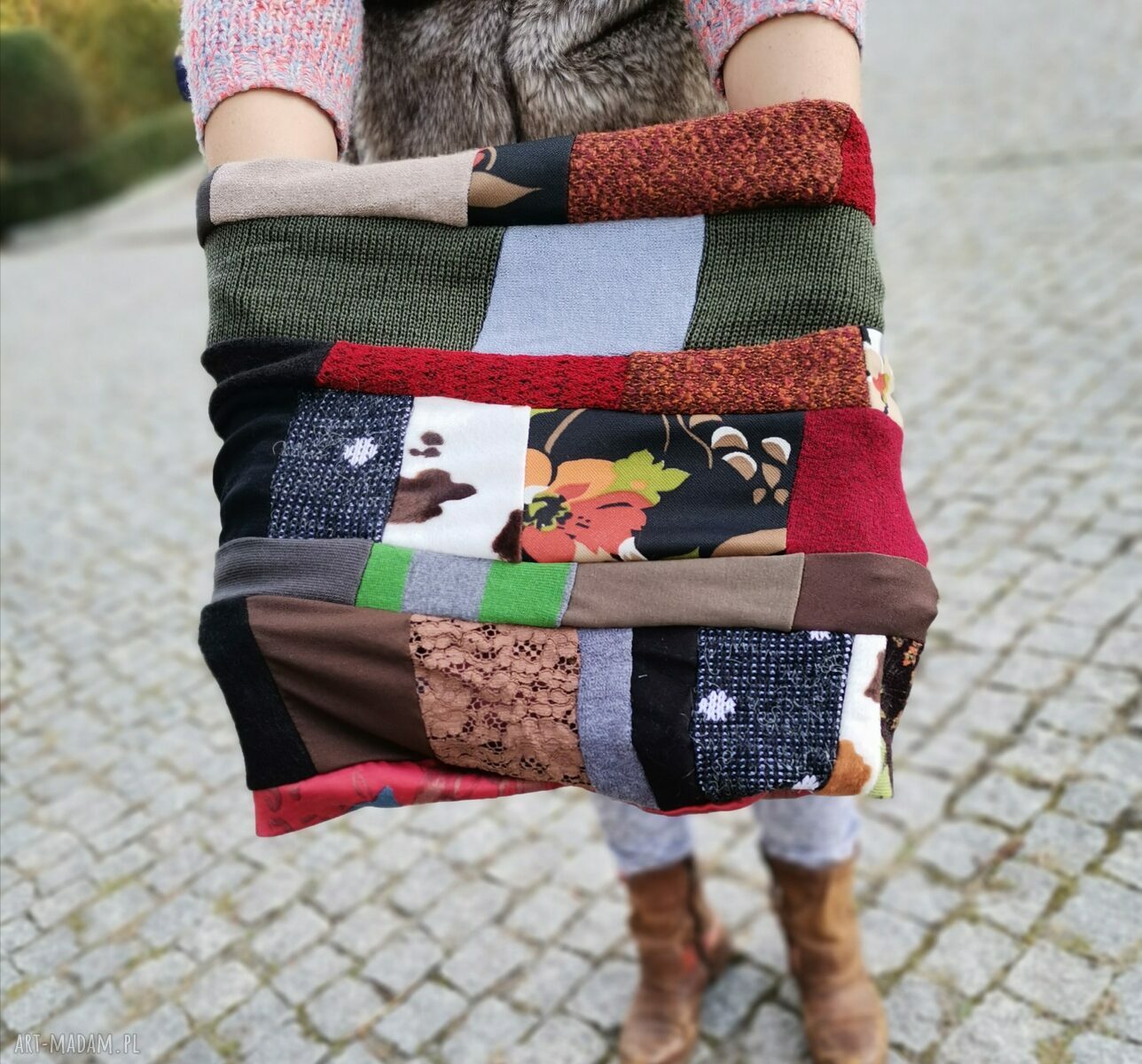 Komin patchworkowy Boho na podszewce - duży i ciepły