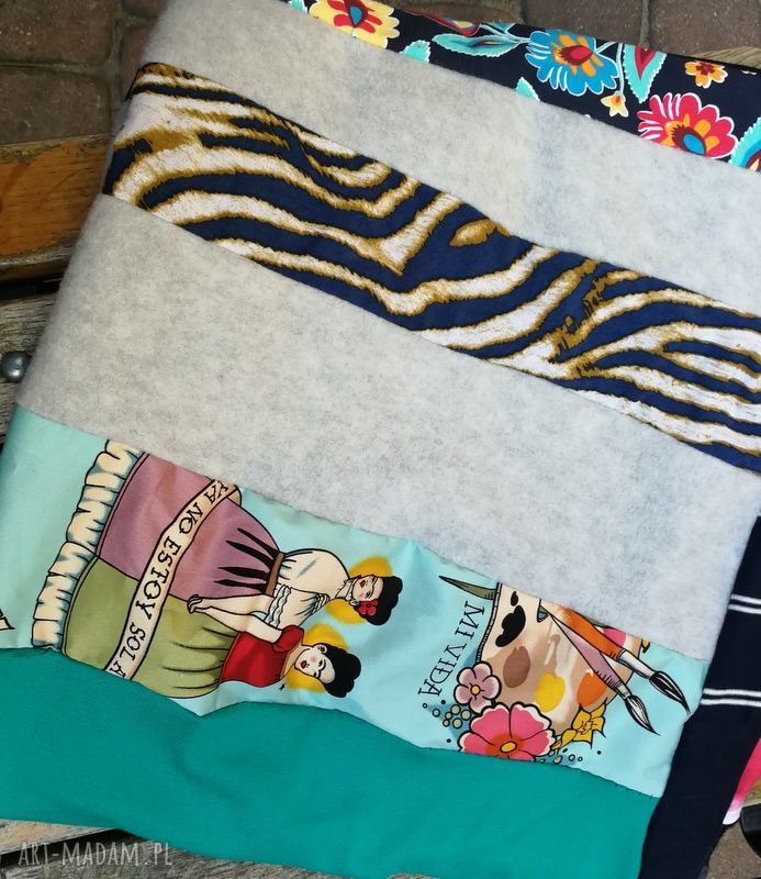 Zimowy komin patchworkowy Frida Kahlo - ciepły boho handmade