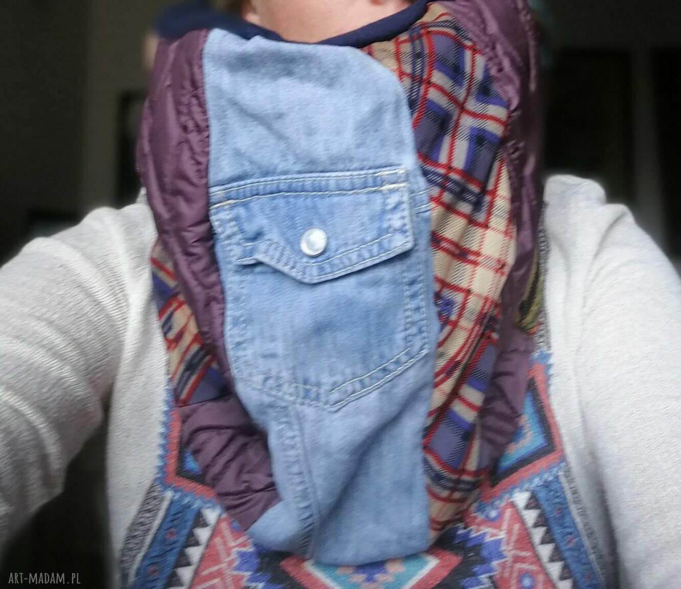 Kolorowy komin patchworkowy etno boho folk - miękki handmade na podszewce