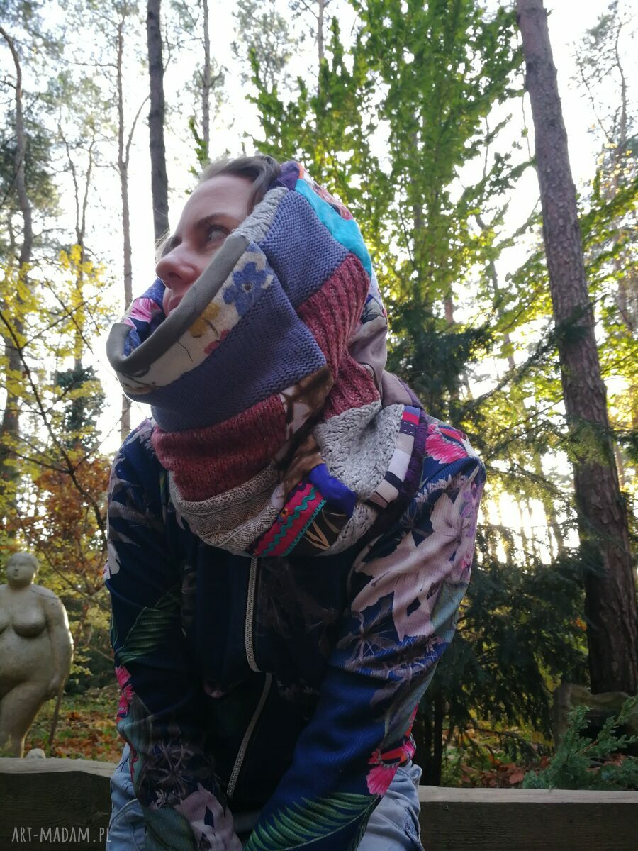 Komin patchworkowy boho na podszewce - miękki, ciepły i wkładany przez głowę