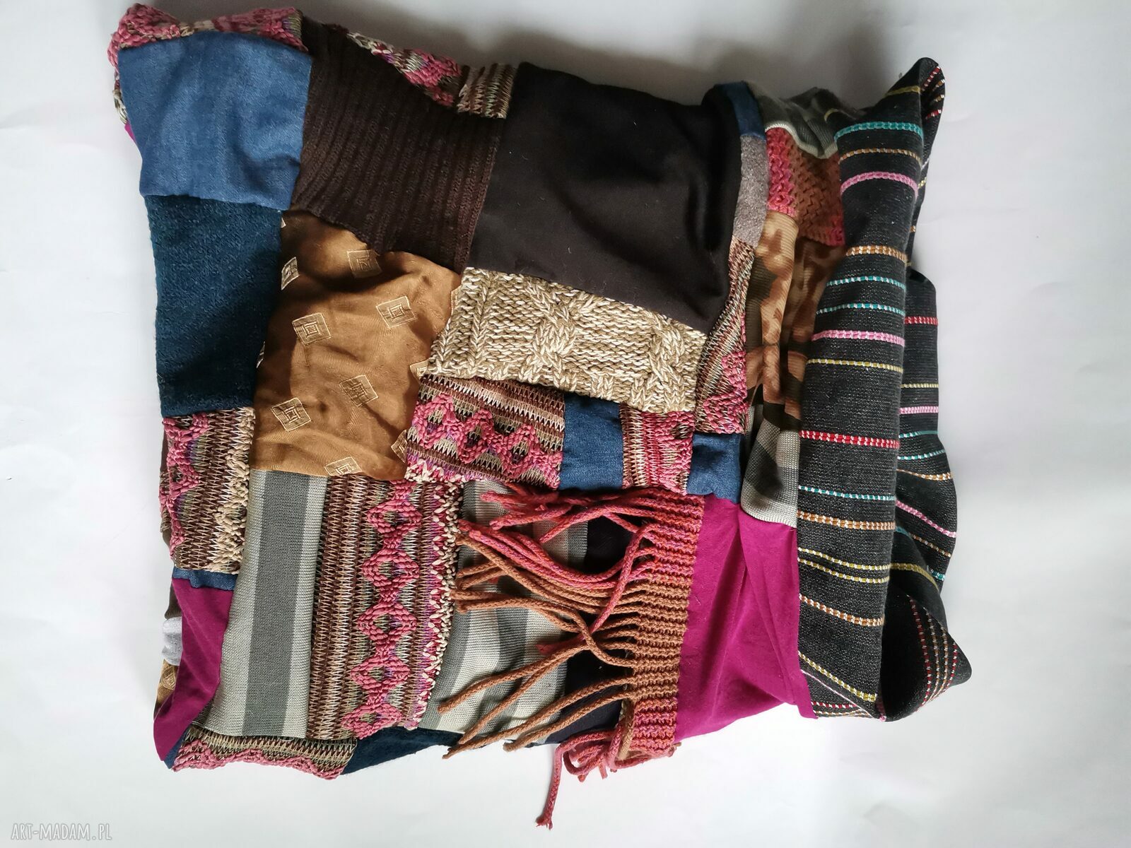 Komin patchworkowy Etno-Folk z frędzlami - Zero Waste, Ruda Klara