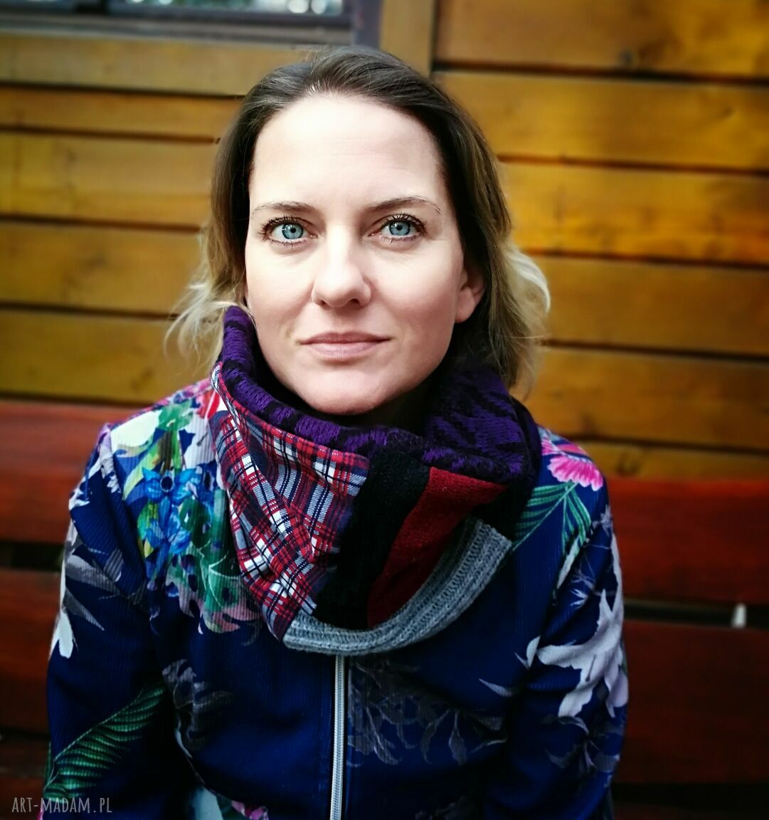 Komin patchworkowy boho Folk z motywem roweru - miękki i ciepły na podszewce (Ruda Klara)