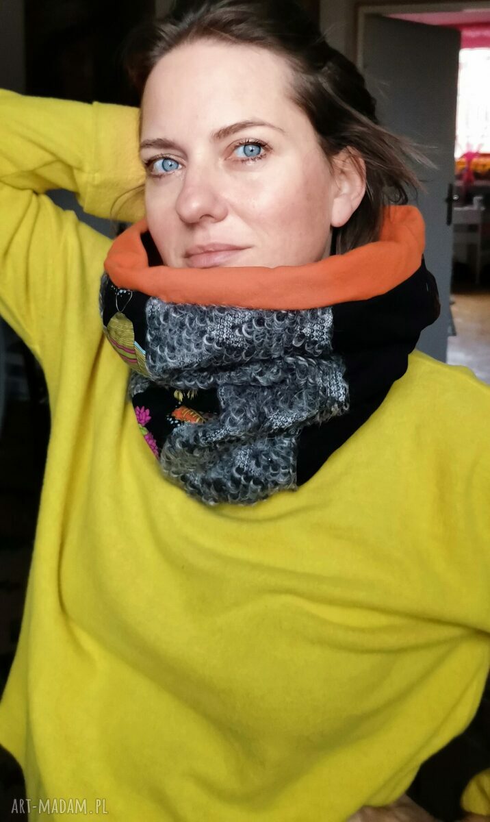 Kolorowy komin patchworkowy Boho z Fridą Kahlo - ciepły i miękki