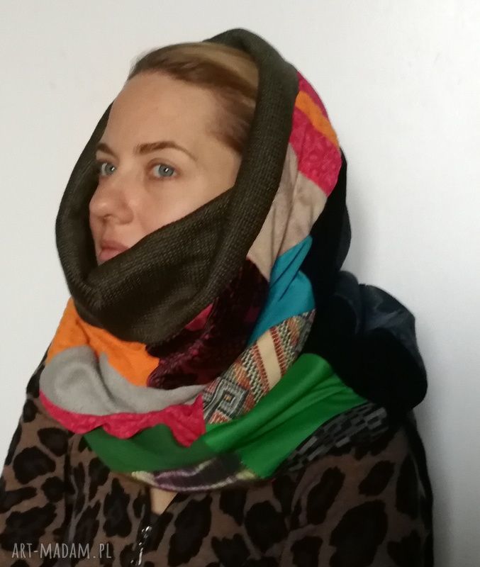 Komin patchworkowy zimowy boho etno - ciepły i kolorowy, rękodzieło
