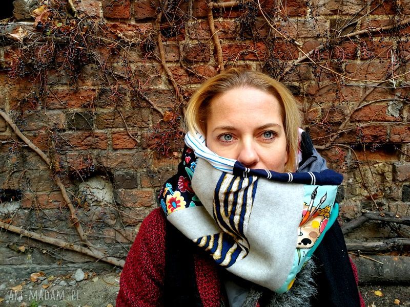 Zimowy komin patchworkowy Frida Kahlo - ciepły boho handmade