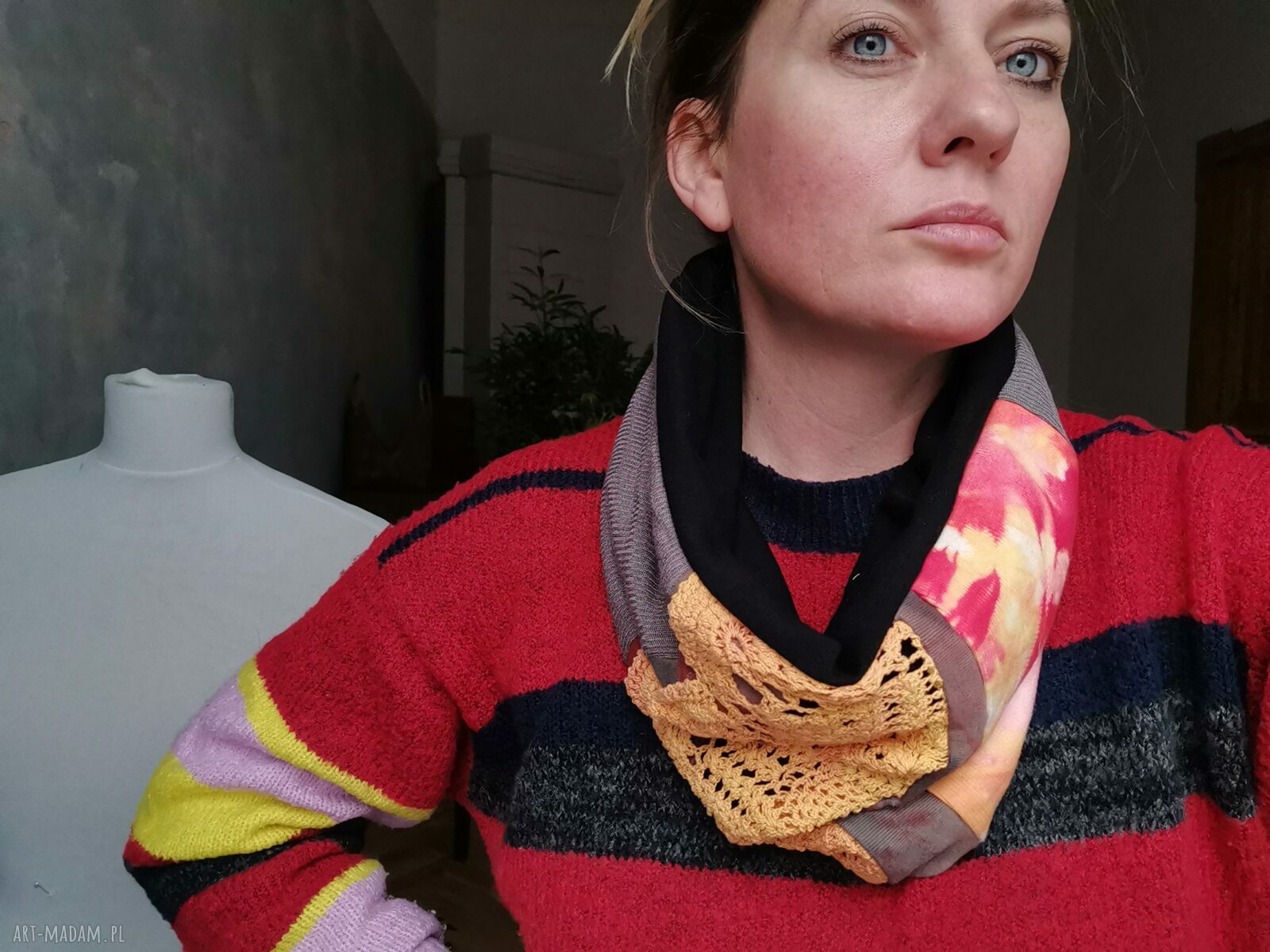 Komin patchworkowy etno boho z koralikami - jeden rozmiar na podszewce