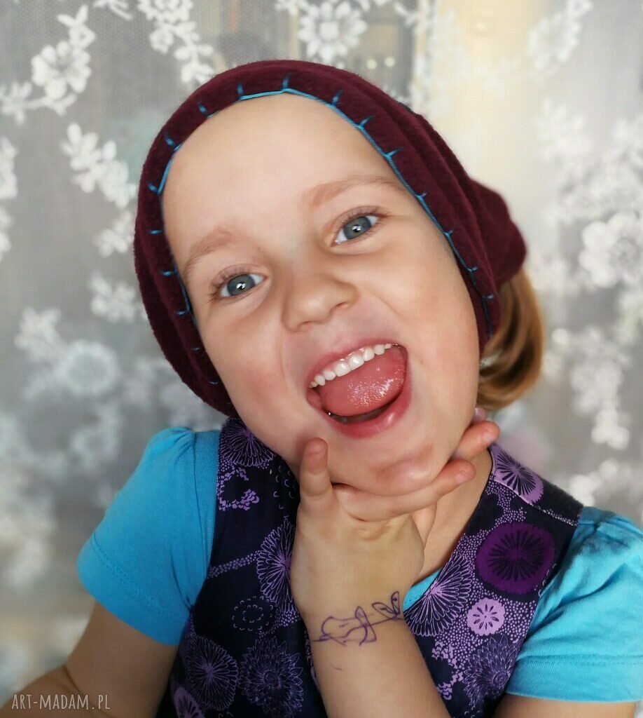 Komin polarowy dla dziecka z filcem boho - etno handmade z wełny merynosów (bordo)