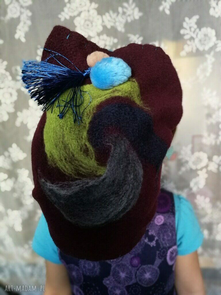 Komin polarowy dla dziecka z filcem boho - etno handmade z wełny merynosów (bordo)
