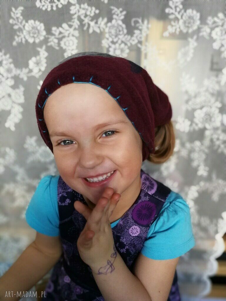 Komin polarowy dla dziecka z filcem boho - etno handmade z wełny merynosów (bordo)