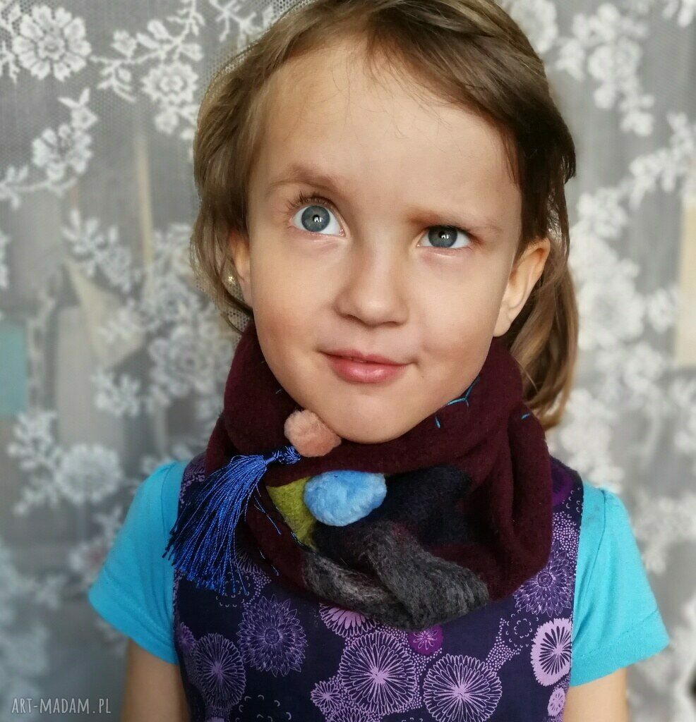 Komin polarowy dla dziecka z filcem boho - etno handmade z wełny merynosów (bordo)