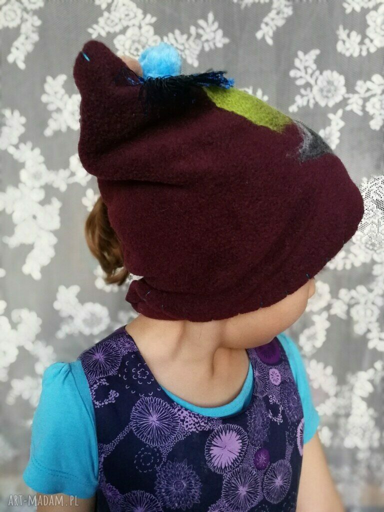Komin polarowy dla dziecka z filcem boho - etno handmade z wełny merynosów (bordo)