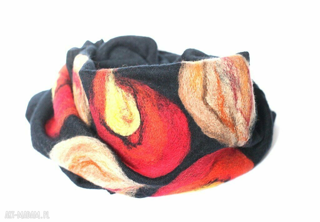 Komin szal wełniany w kwiaty folkowy - ciepła tuba handmade