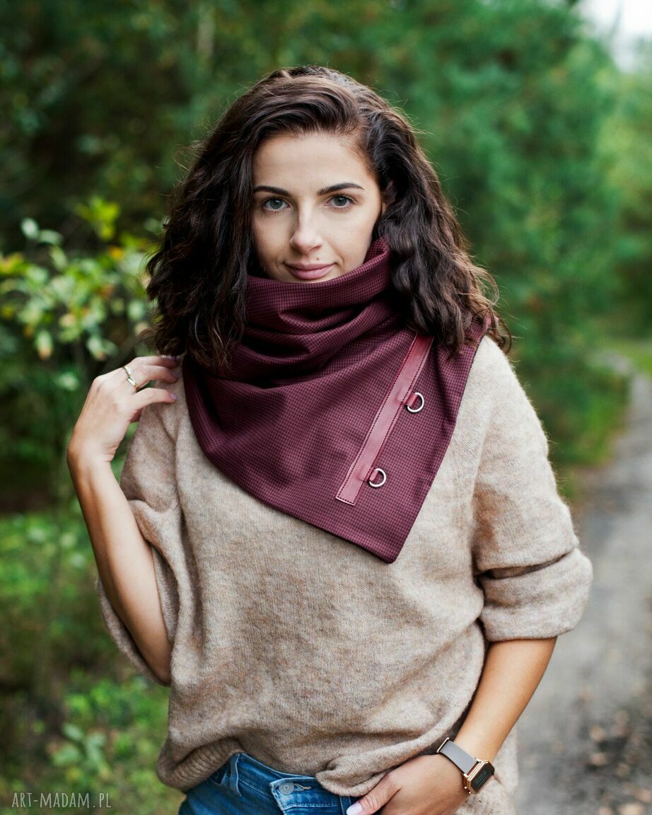 Szal komin szalik bordowy czarny w pepitkę stylowy handmade ręcznie wykonane