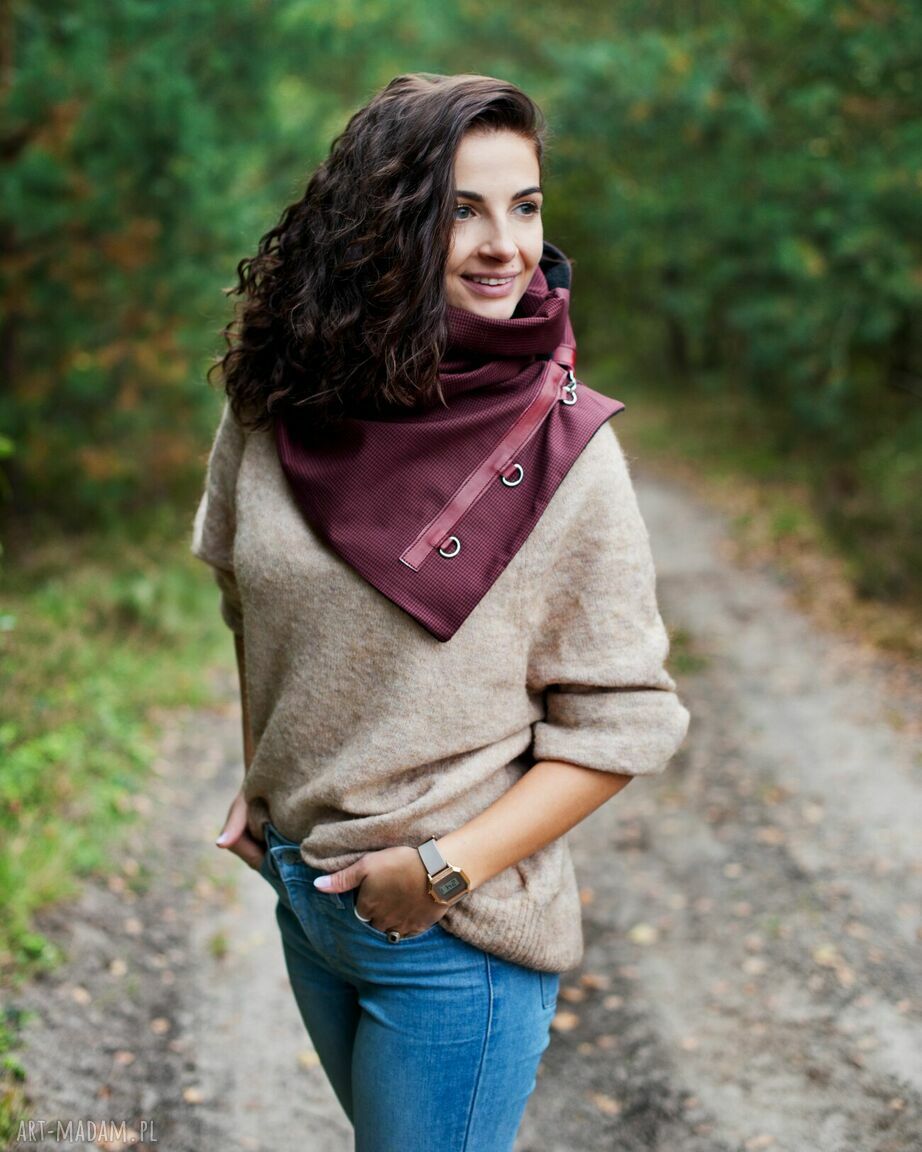 Szal komin szalik bordowy czarny w pepitkę stylowy handmade ręcznie wykonane