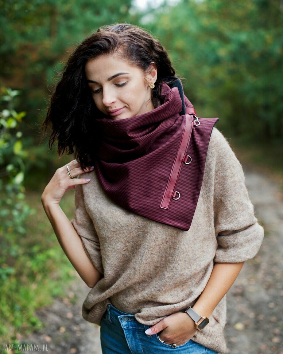 Szal komin szalik bordowy czarny w pepitkę stylowy handmade ręcznie wykonane
