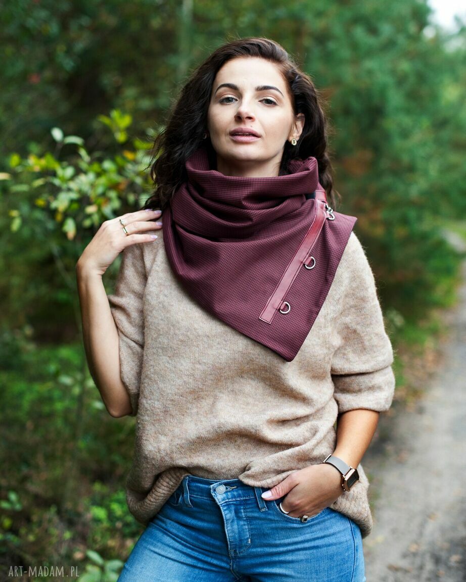 Szal komin szalik bordowy czarny w pepitkę stylowy handmade ręcznie wykonane