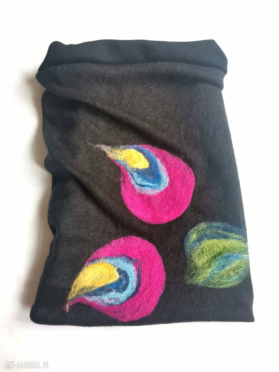 Czarny komin tuba wełniany filcowany 33x48 cm etno-boho na podszewce