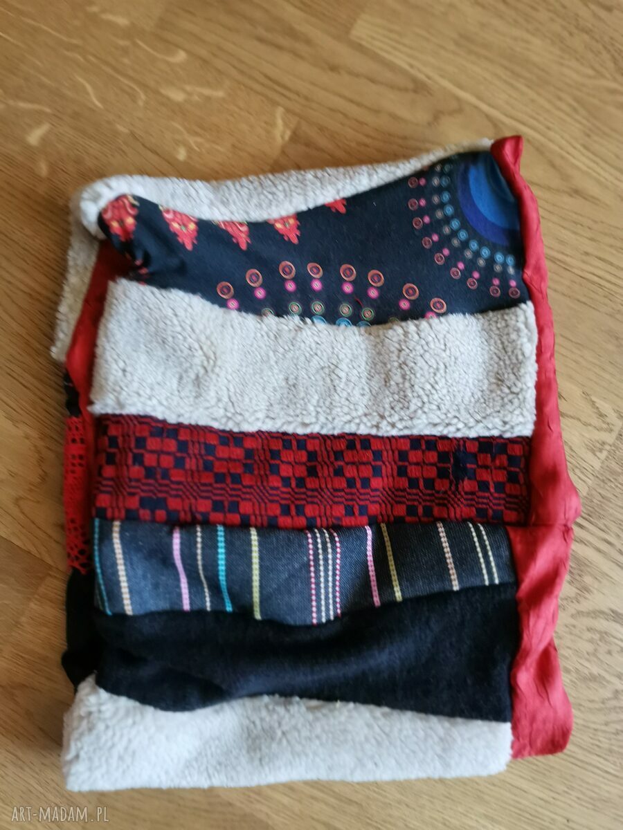 Kolorowy komin tuba folk boho z podszewką i sztucznym misiem - wciągany przez głowę