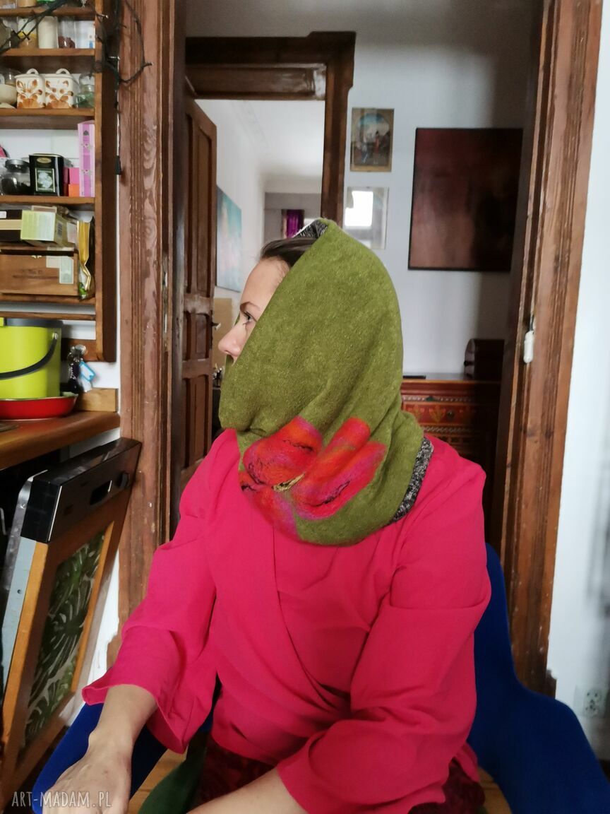 Komin tuba wełniany filcowany Boho w kwiaty - uniwersalne wymiary