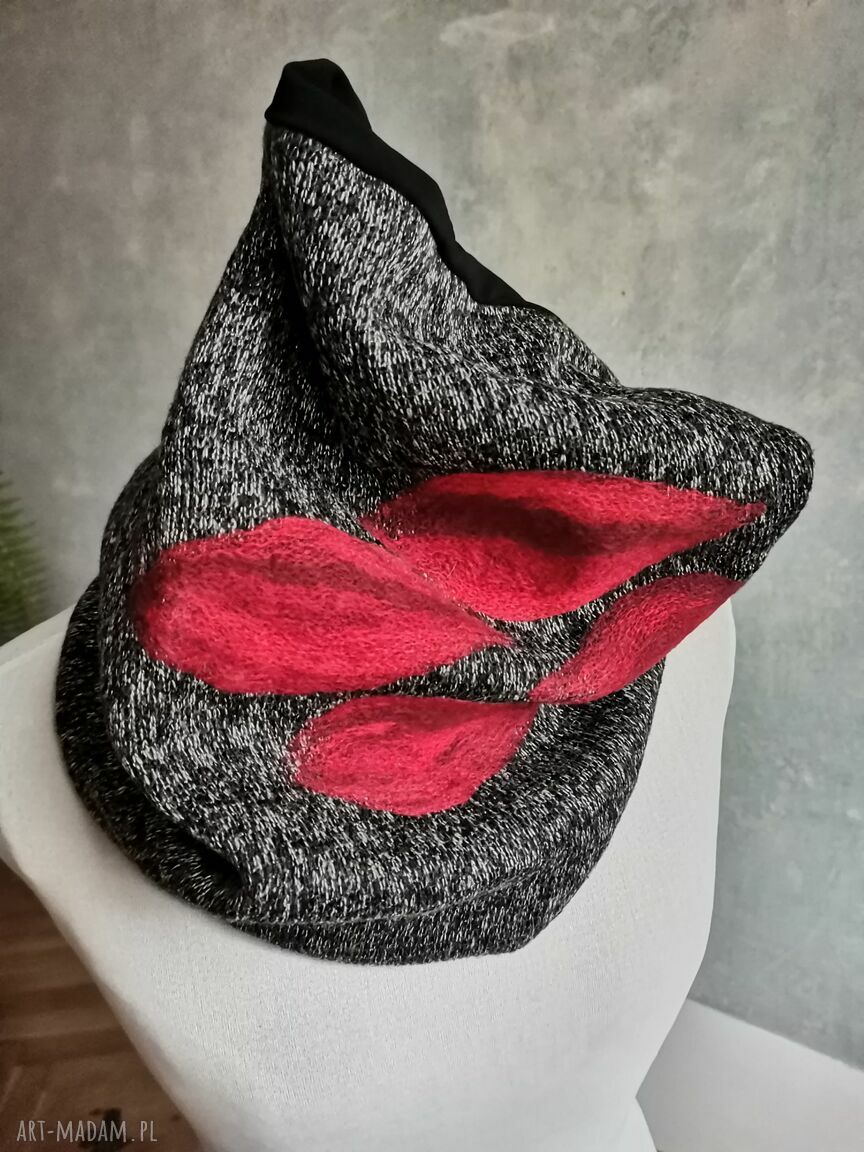 Komin tuba folk boho - filcowany, ciepły z frędzlami na podszewce