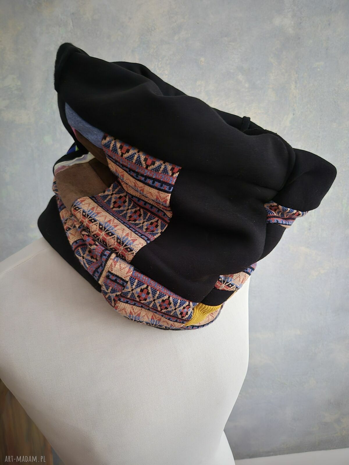 Kolorowy komin damski handmade z tkanin i dzianin