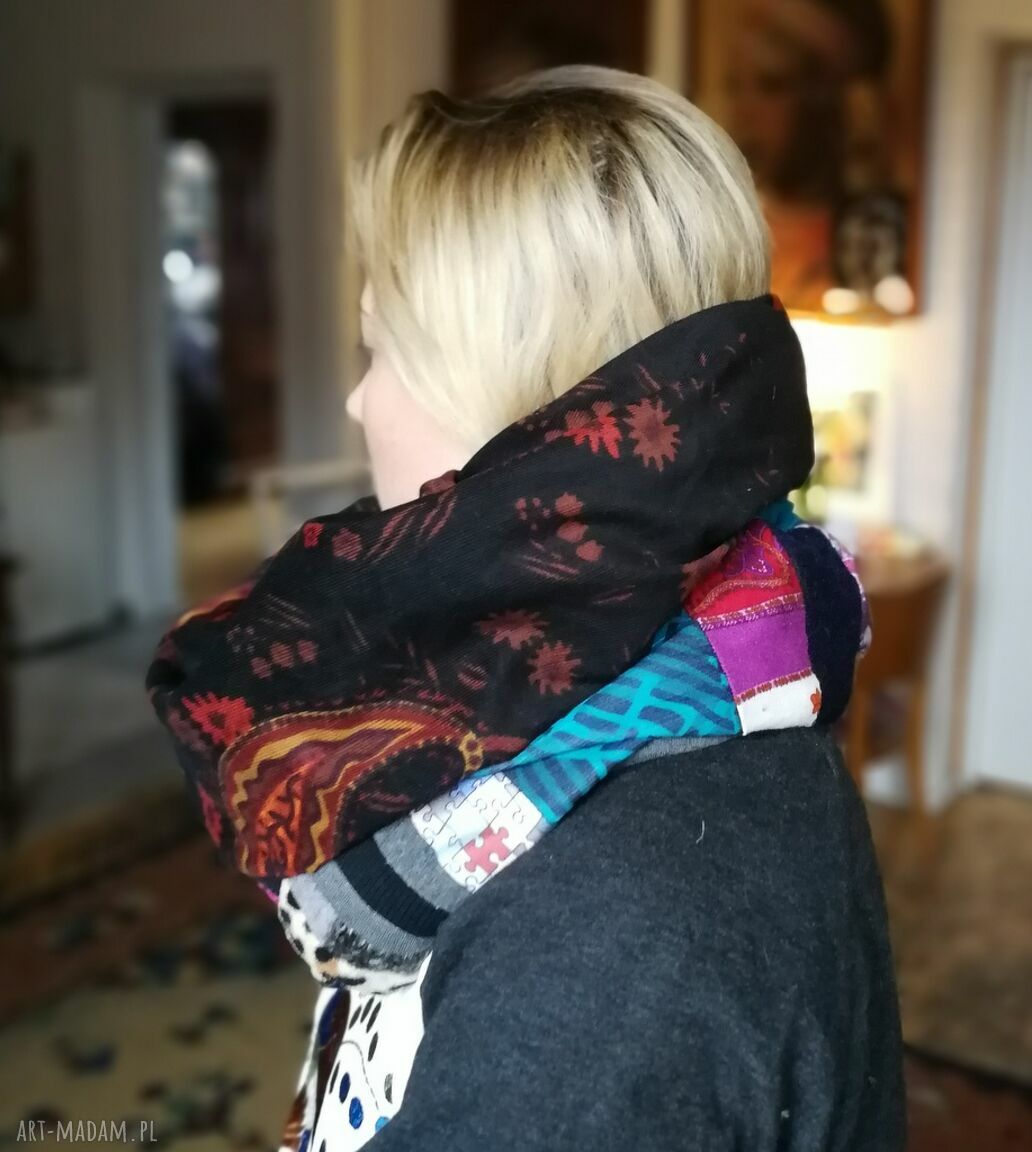 Komin wiosenno-jesienny patchworkowy - boho folk, ręcznie szyty unikat
