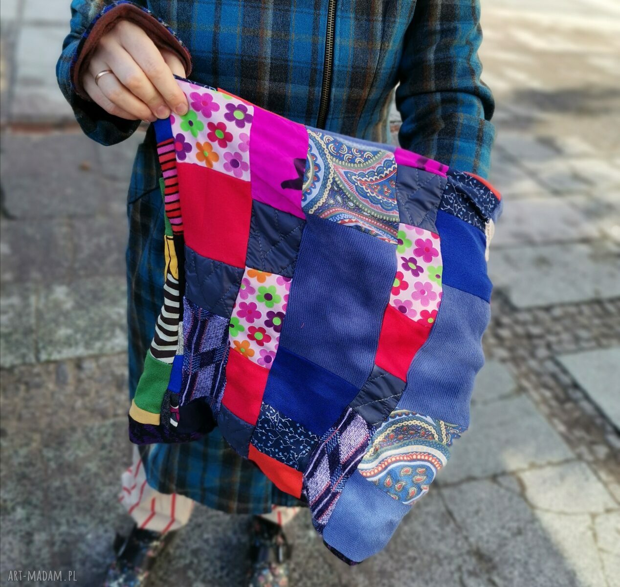 Kolorowy komin wiosenny patchworkowy Etno Boho na podszewce - ręcznie robiony