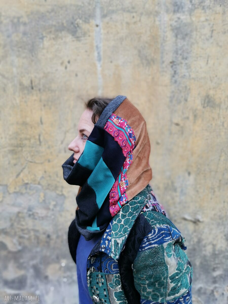 Komin wiosenny patchworkowy etno boho - kolorowy na podszewce