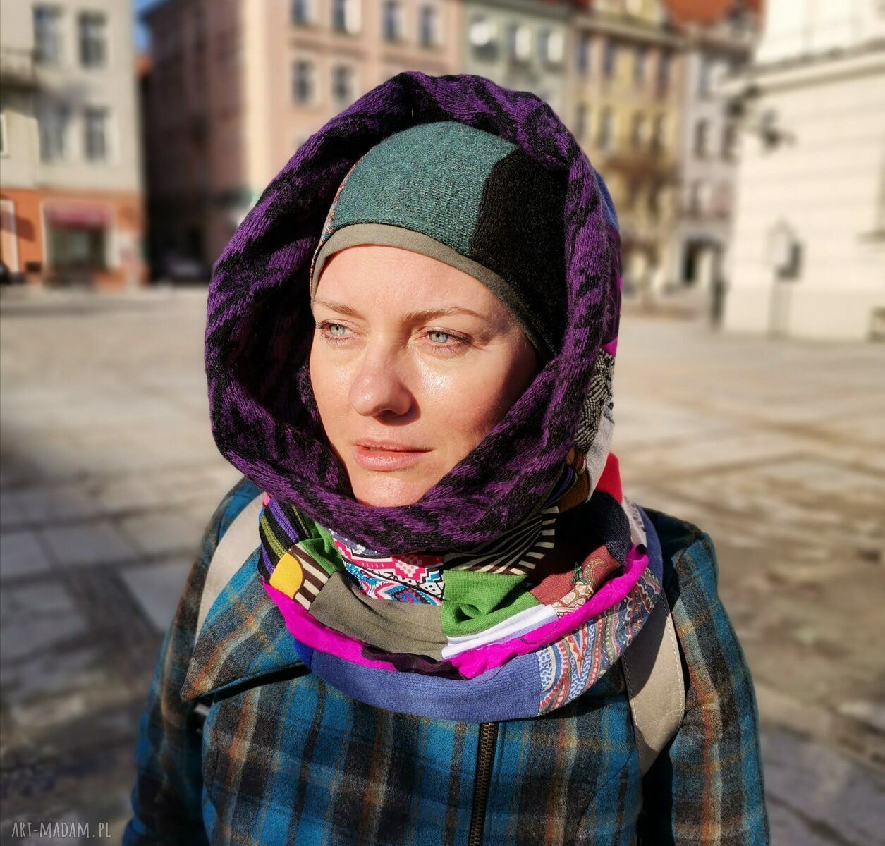 Kolorowy komin wiosenny patchworkowy Etno Boho na podszewce - ręcznie robiony