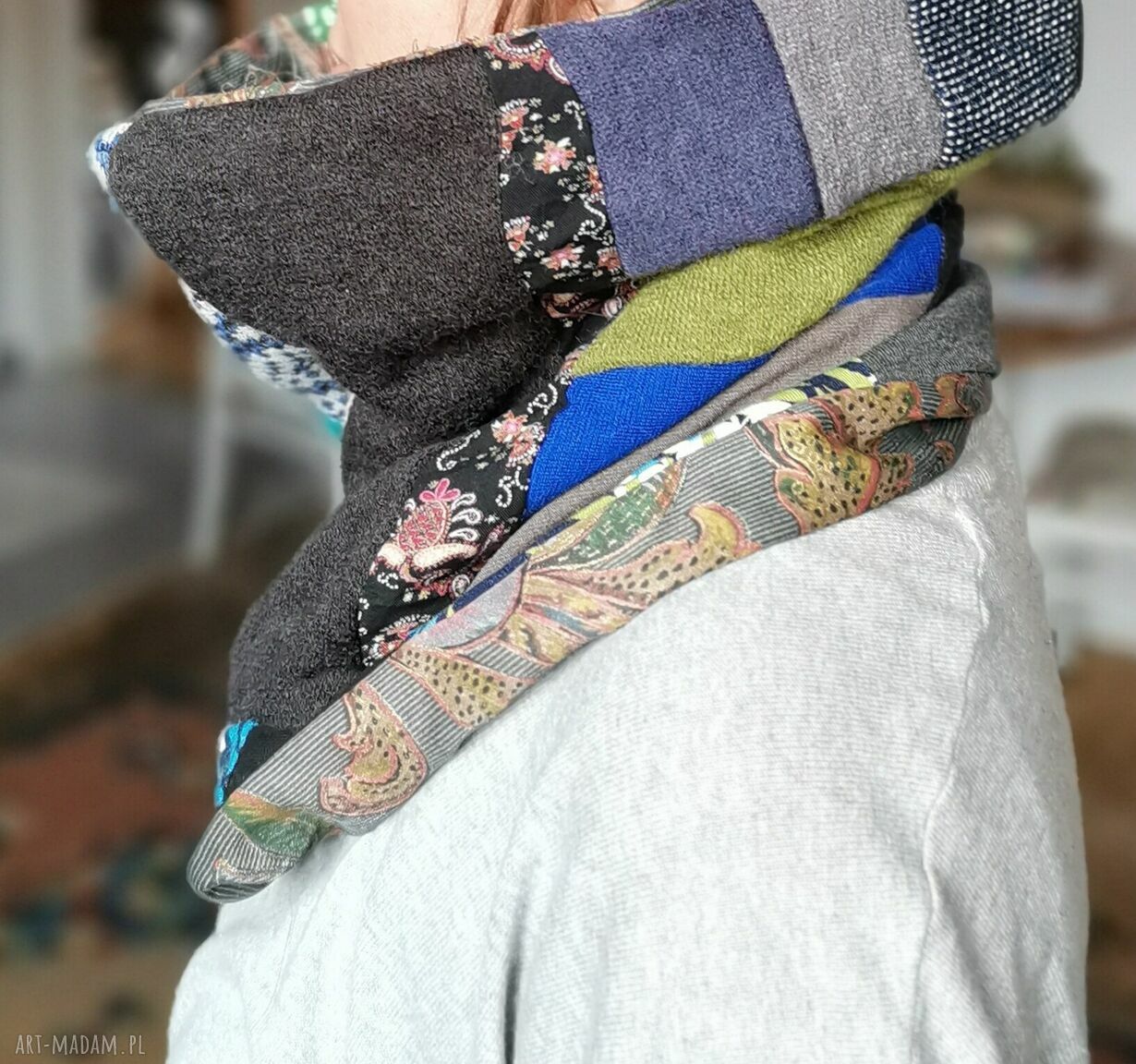Kolorowy wiosenny komin patchworkowy etno boho na podszewce