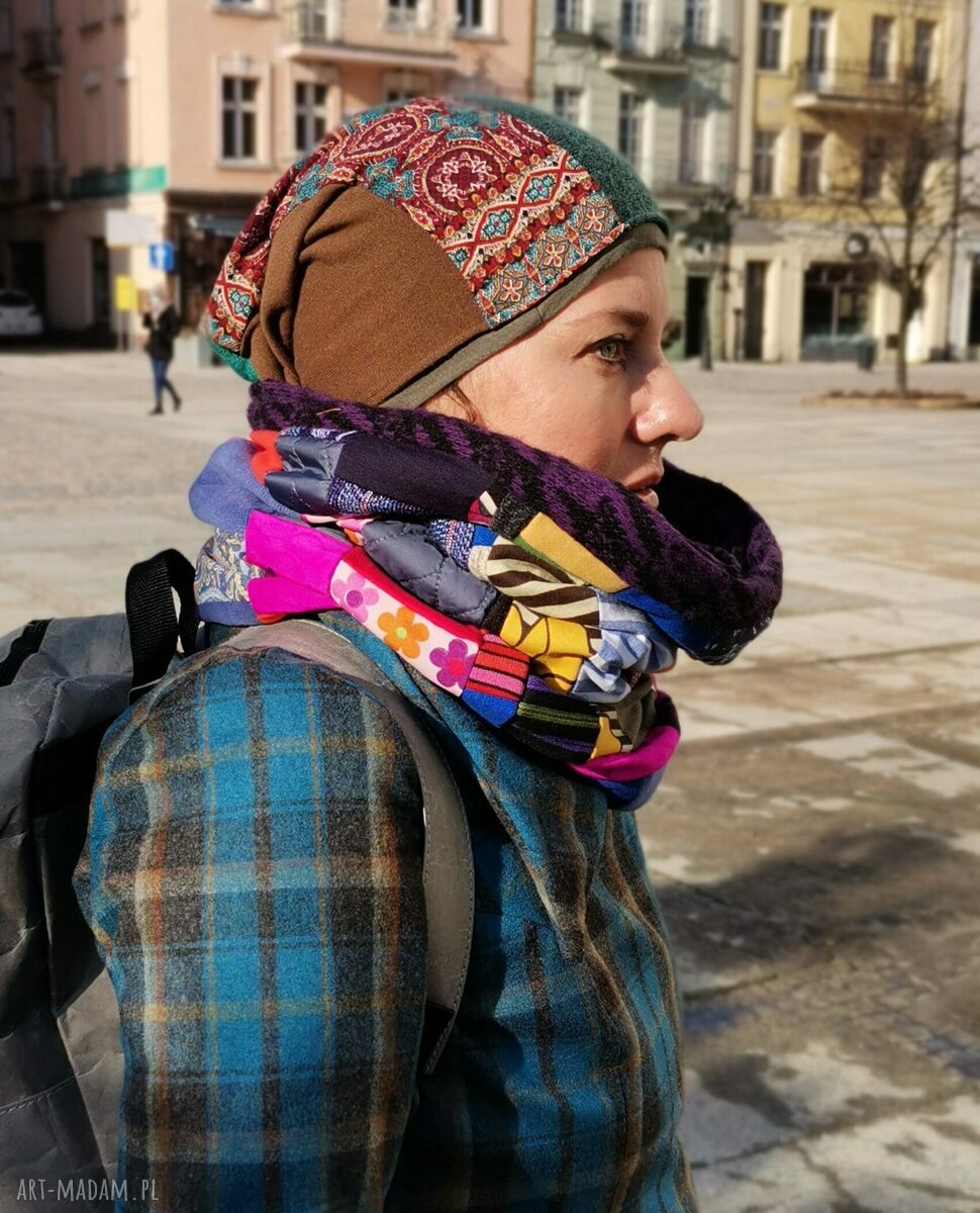 Kolorowy komin wiosenny patchworkowy Etno Boho na podszewce - ręcznie robiony