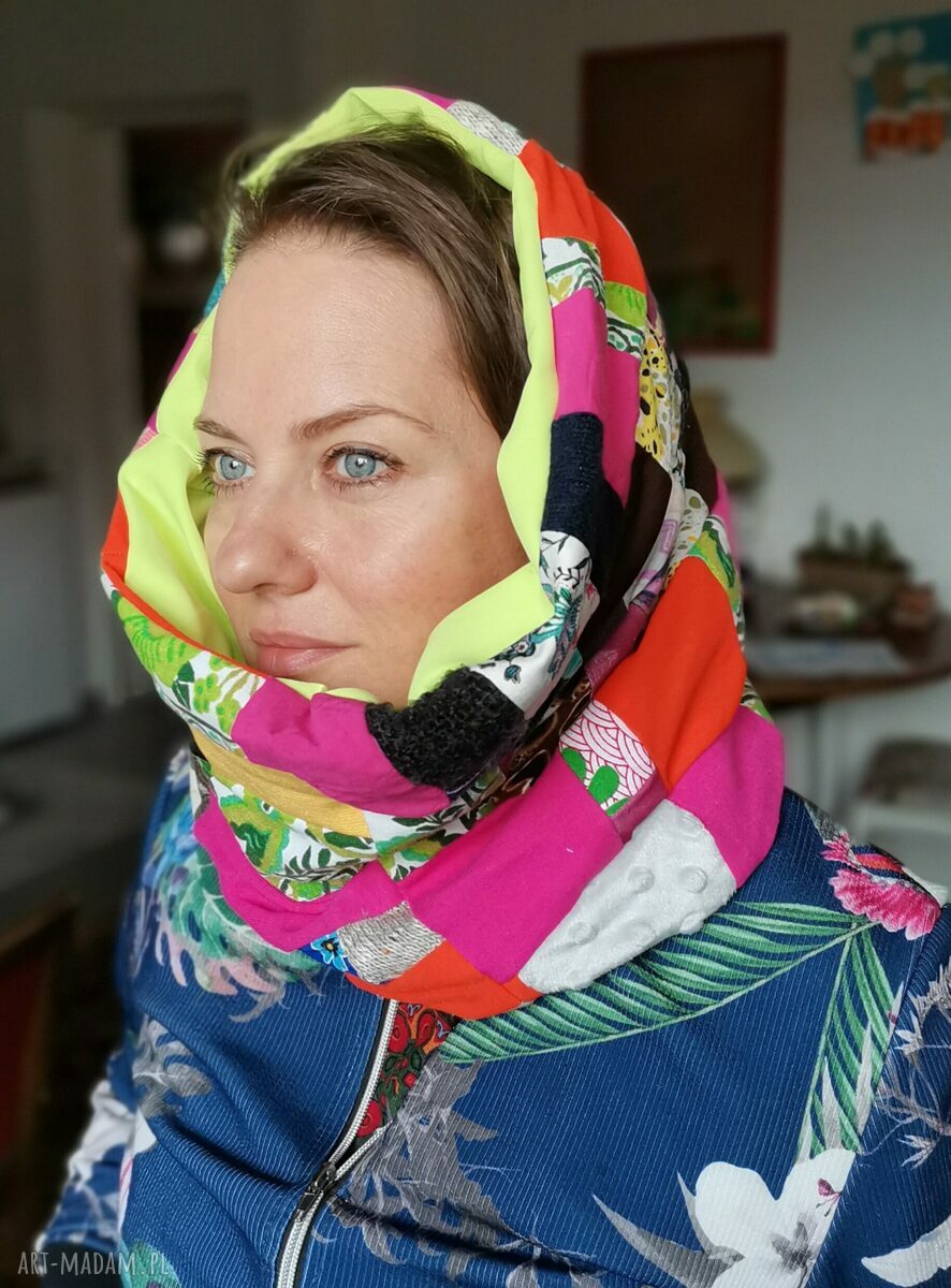 Komin wiosenny patchworkowy etno boho na kolorowej podszewce