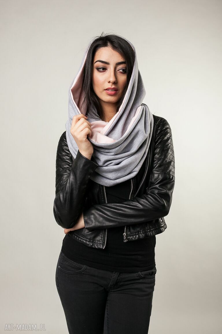 Komin xxl dwustronny szary pudrowy róż ciepły gruby piękny bardzo