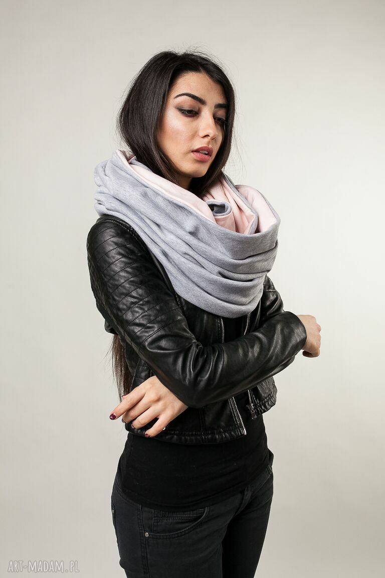 kominy: komin xxl dwustronny szary pudrowy róż ręcznie wykonane