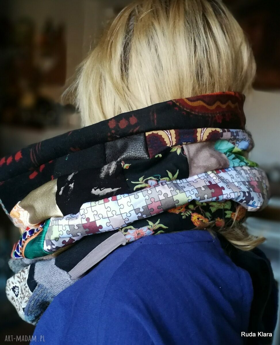 Ciepły komin zimowy-jesienny-wiosenny w stylu boho, patchwork na podszewce